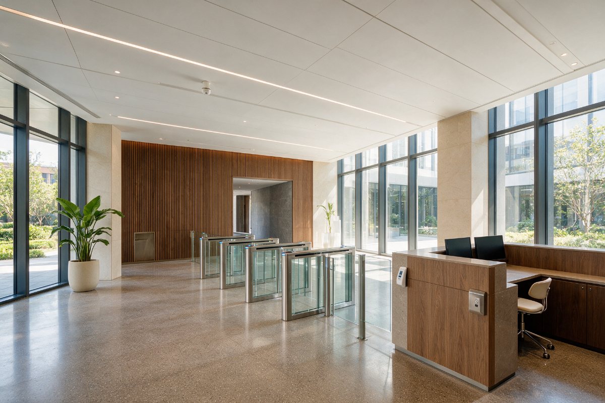 Corporate lobby with security turnstiles and an access-controlled reception desk