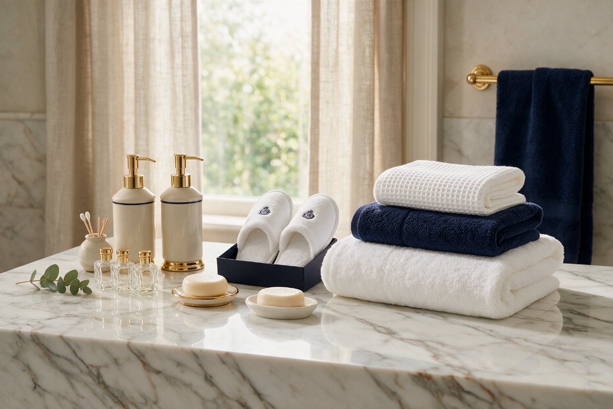 Hotel bathroom amenities, toiletries, slippers and towels on a marble vanity
