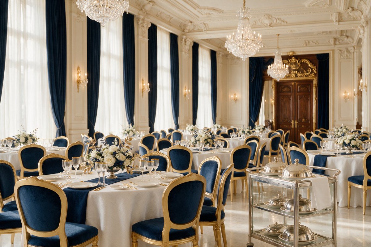Hotel banquet hall set with round tables, banquet chairs and a room service trolley