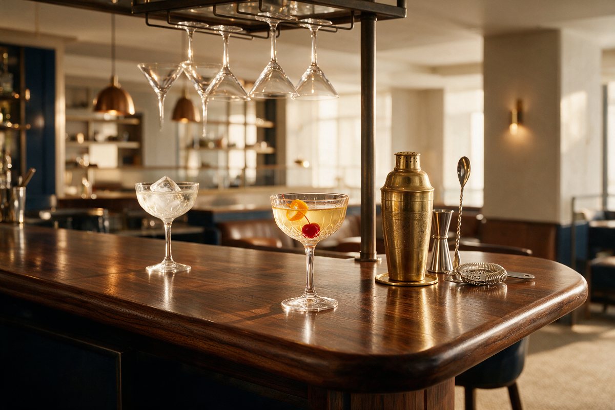 Hotel bar counter with cocktail glasses, shaker and professional bar tools