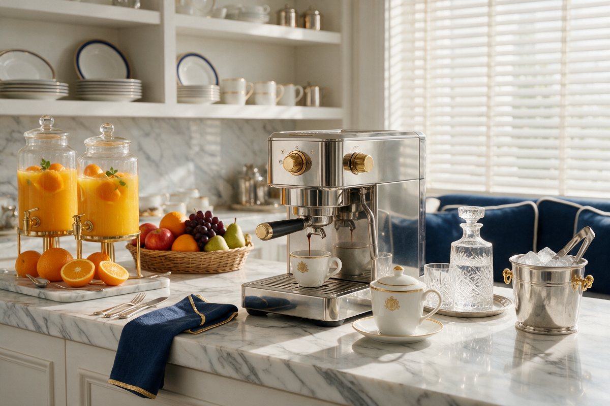 Hotel beverage station with espresso machine, juice dispensers and carafes