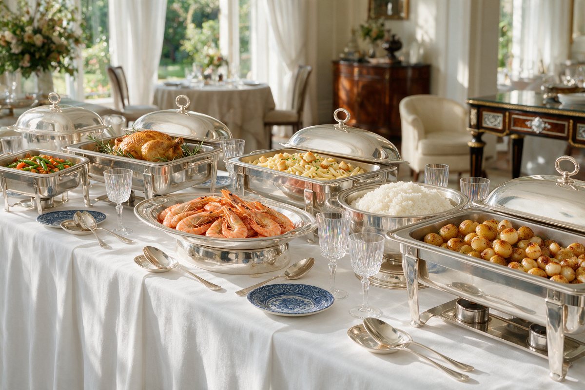Hotel buffet line with silver chafing dishes and serving platters