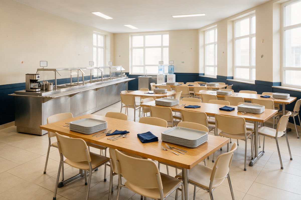 School cafeteria with tables, chairs, food trays and a stainless serving counter