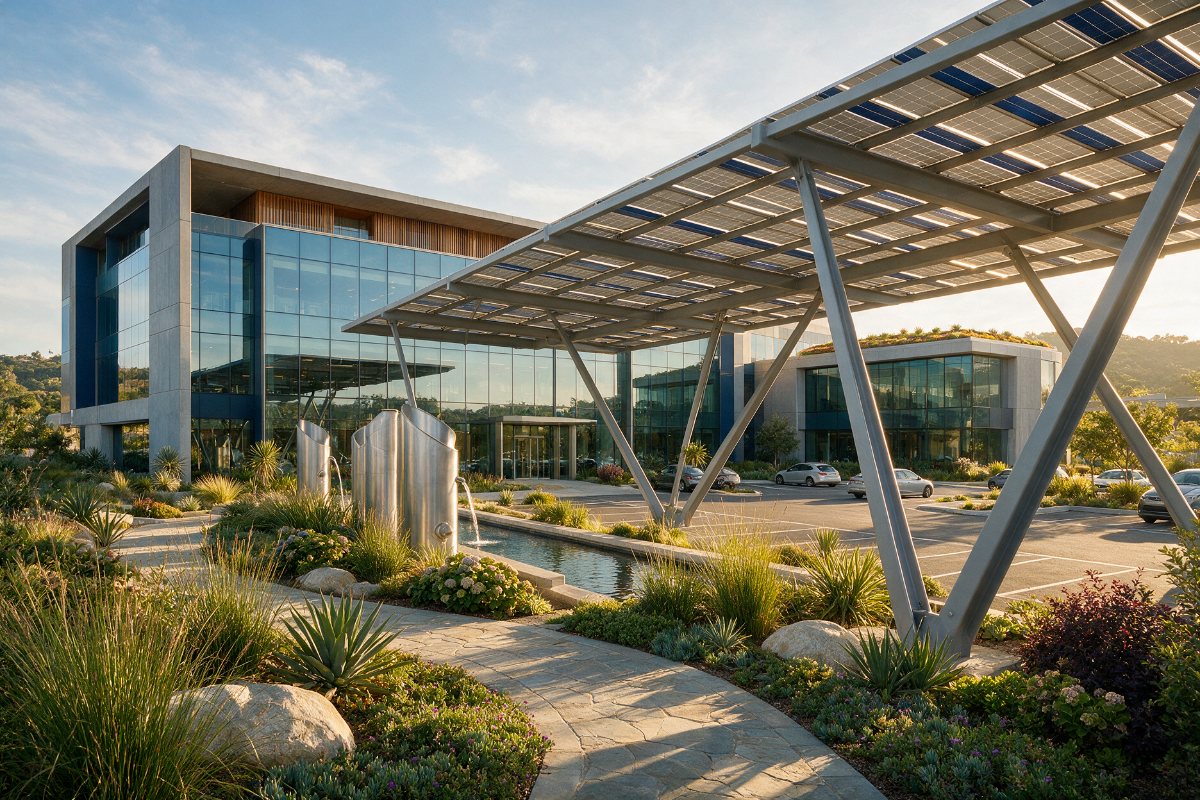 Corporate campus with a solar panel canopy and rainwater harvesting tanks