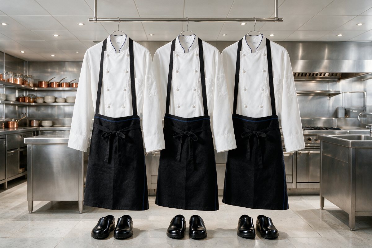 Chef coats, aprons and kitchen clogs in a commercial hotel kitchen