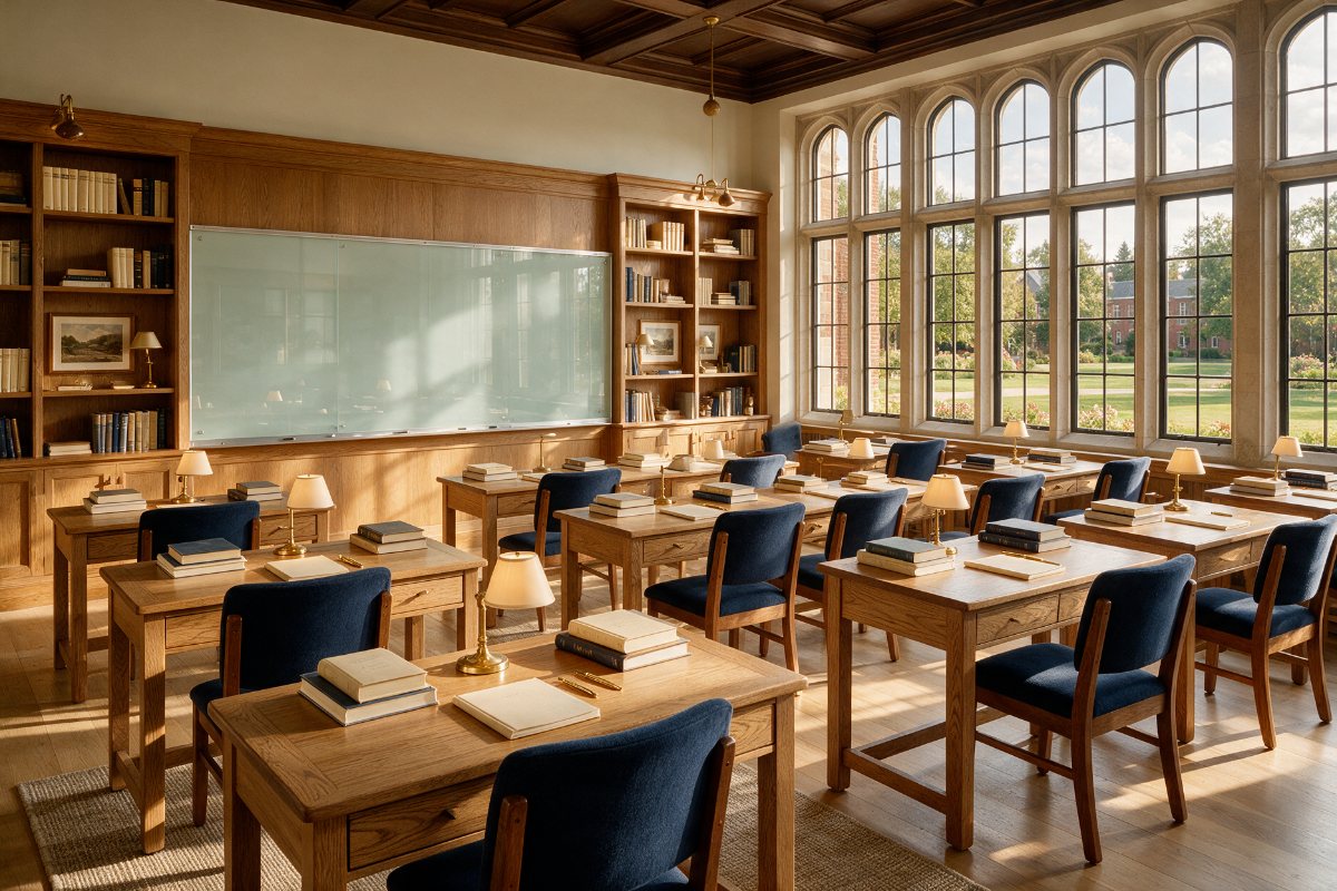 Private school classroom with oak student desks, navy chairs and a glass writing board