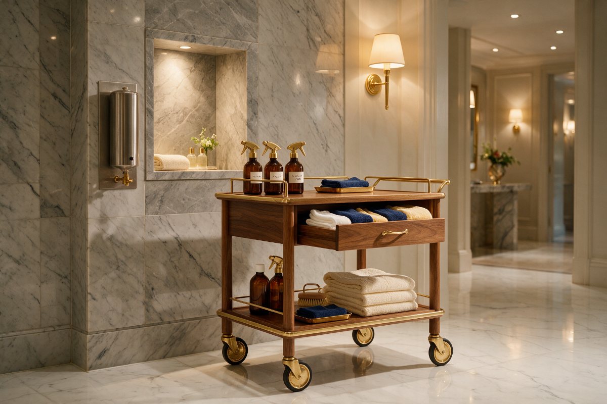 Hotel housekeeping cart with cleaning supplies and a wall-mounted hand-wash dispenser