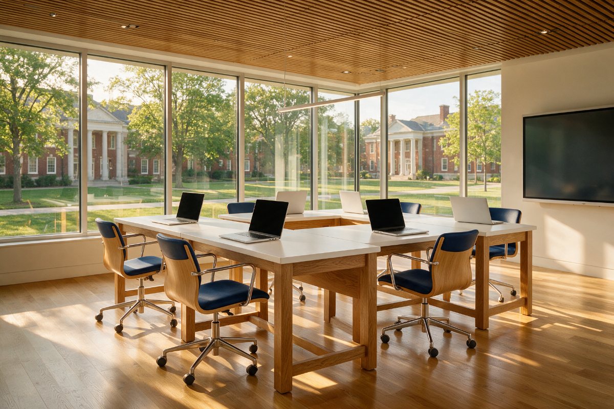 School digital learning suite with laptops on oak desks and a wall display