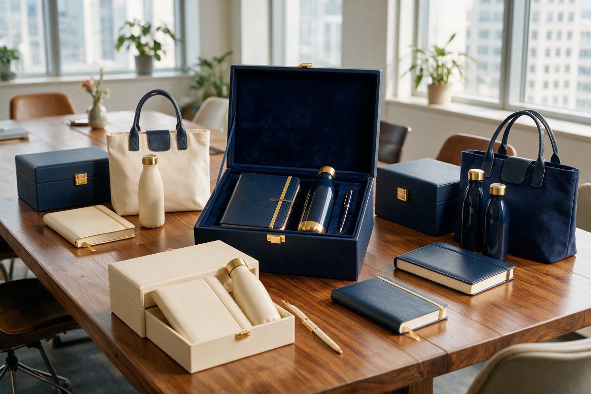 Corporate gift boxes with leather notebooks, pens, bottles and tote bags