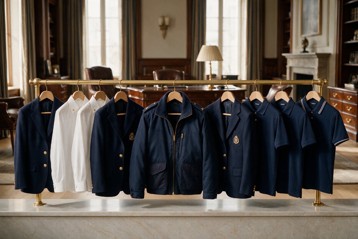 Rack of corporate uniforms, navy blazers, shirts and security jackets