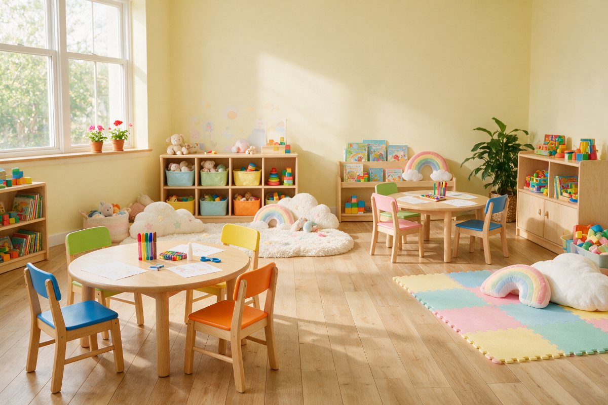 Early years classroom with small tables and chairs, toys and craft sets