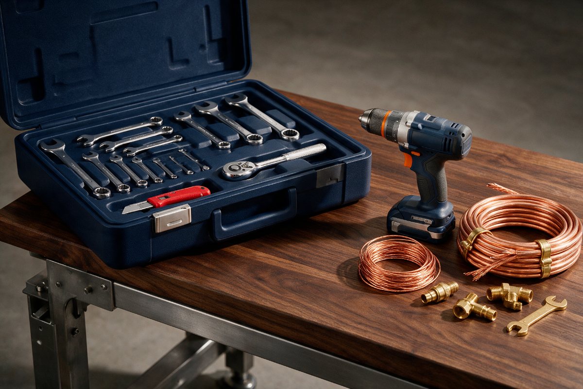 Professional maintenance tools, cordless drill and copper electrical cable