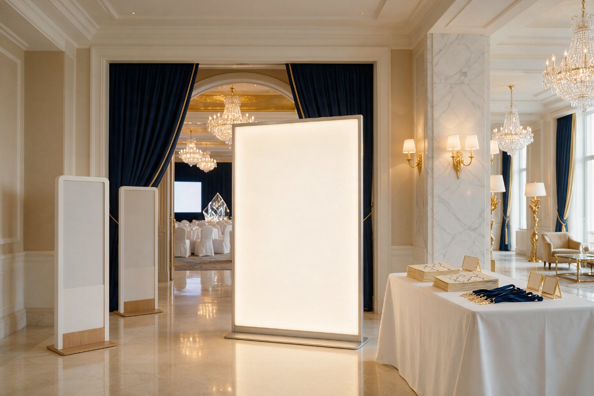 Corporate event setup with LED display board, wayfinding signs and registration table