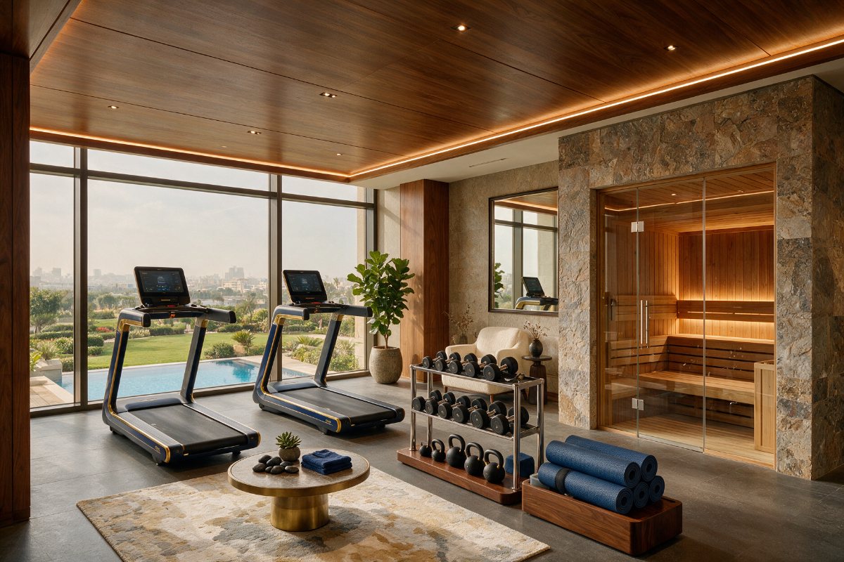 Hotel fitness center with treadmills, weights and a glass-fronted sauna