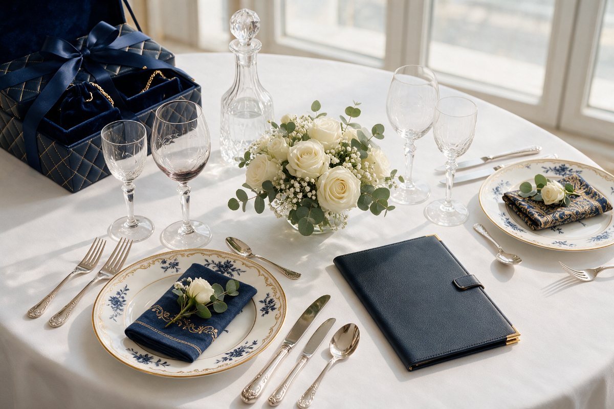 Fine-dining table with bone china, silver cutlery, crystal glasses and a leather menu