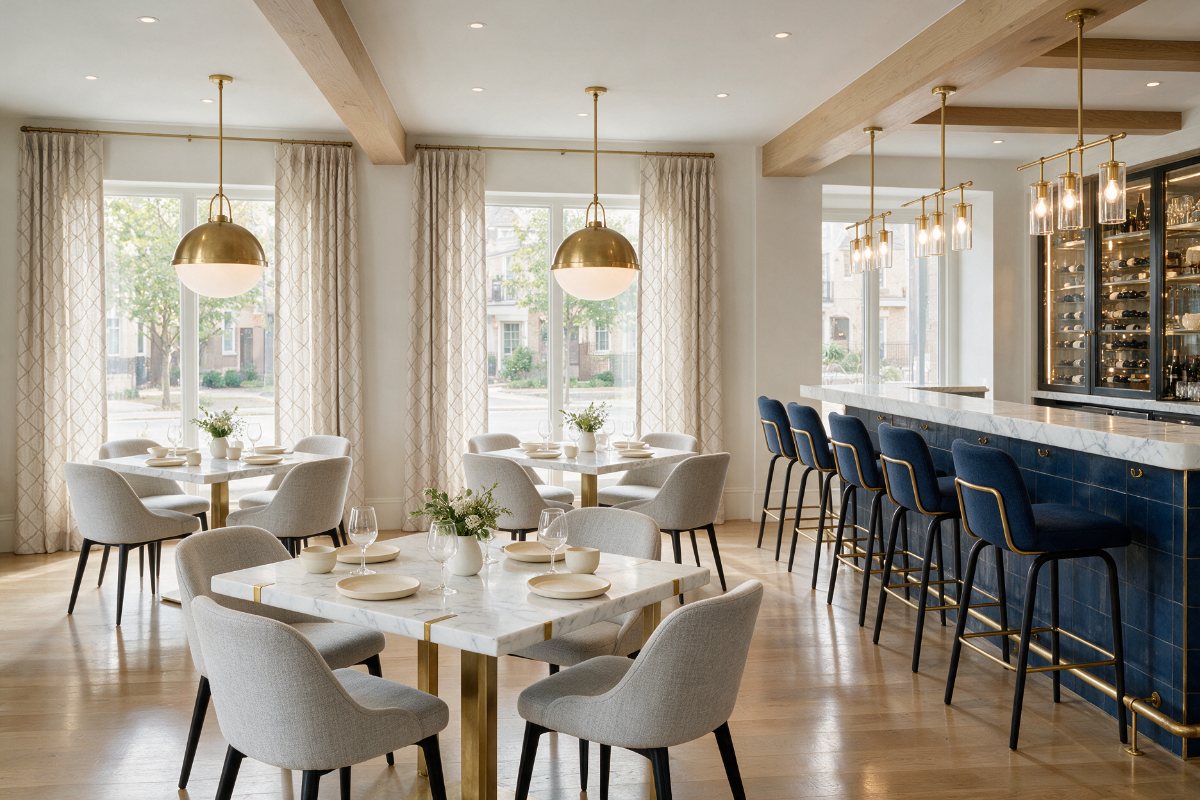 Restaurant dining room with upholstered chairs, marble tables and bar stools