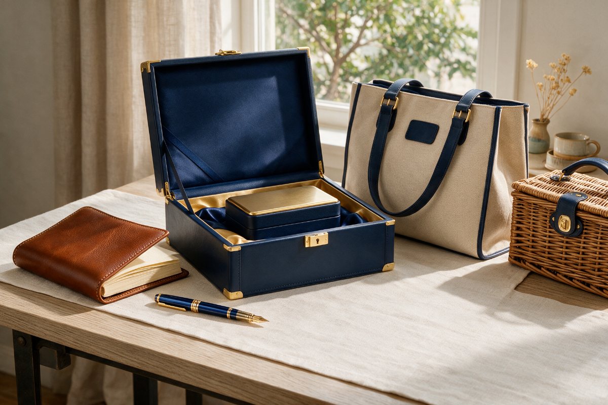VIP gift set with gift box, leather diary, pen, tote bag and picnic basket