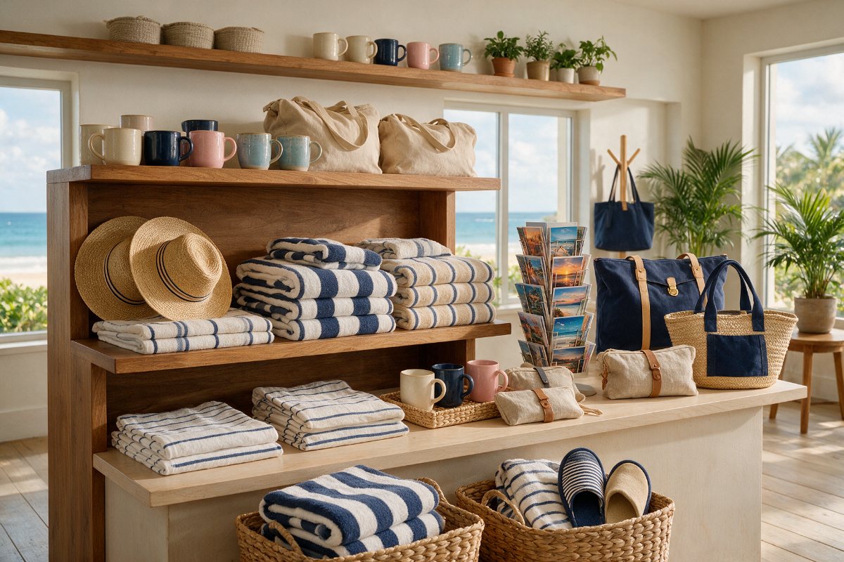 Hotel gift shop with souvenir mugs, hats, travel bags and beach towels