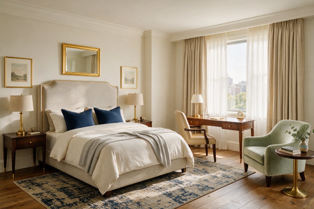 Hotel guest room furniture with upholstered headboard, desk and lounge chair