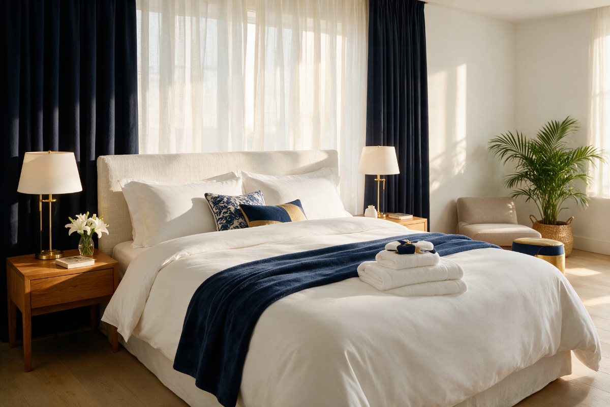 Luxury hotel bed with white duvet, pillows and folded towels