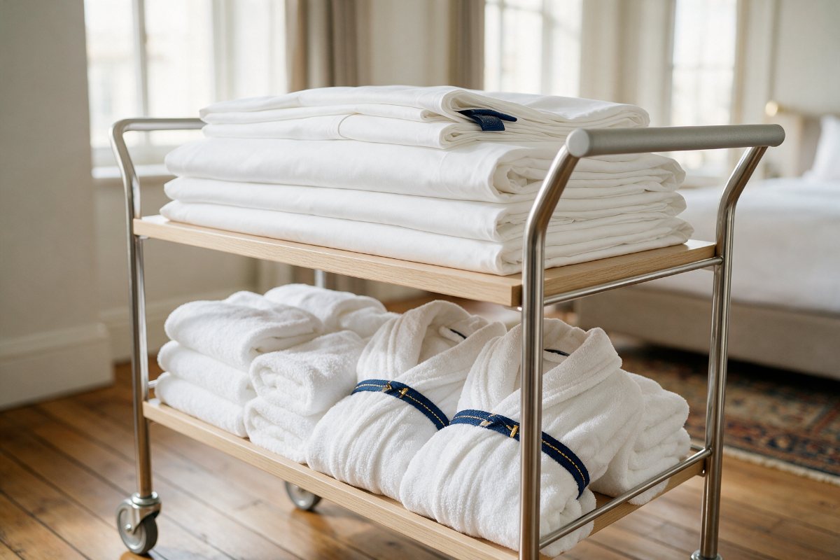 Hotel bed linen, towels and bathrobes stacked on a housekeeping trolley