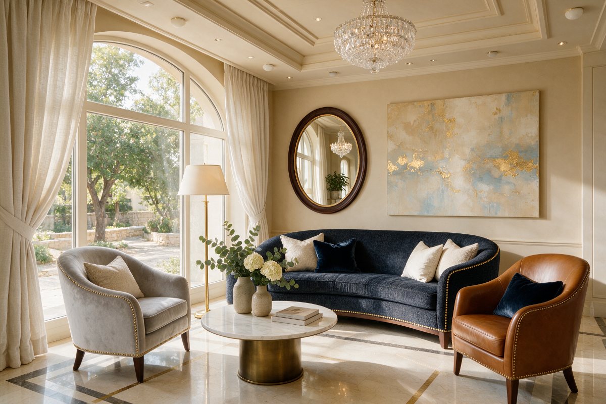 Hotel lobby lounge with designer sofas, armchairs, mirror and wall art