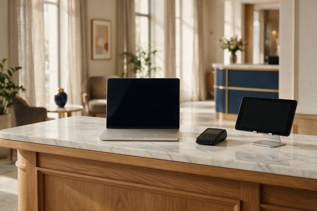 Hotel reception desk with laptop, card payment terminal and tablet