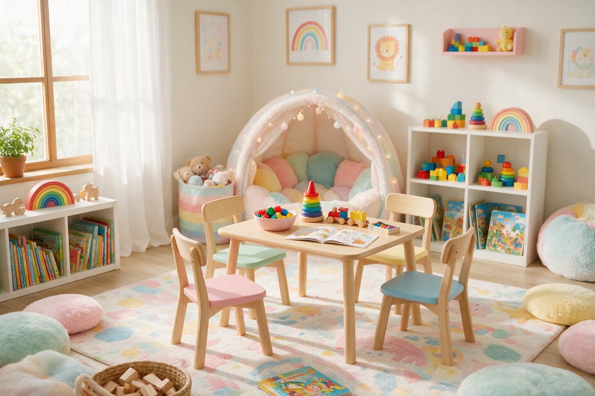 Kids' corner with small wooden tables and chairs, toys and building blocks