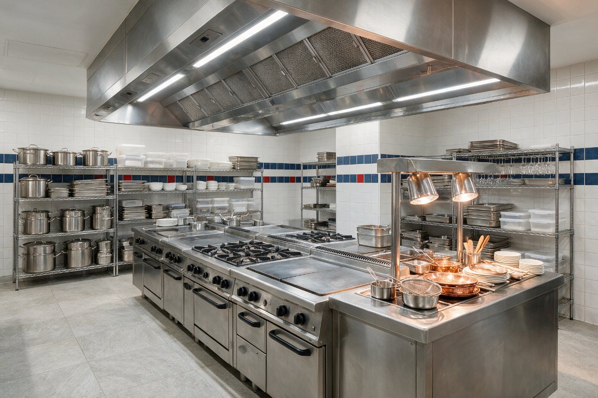 Commercial restaurant kitchen with stainless gas ranges, extraction hood and shelving