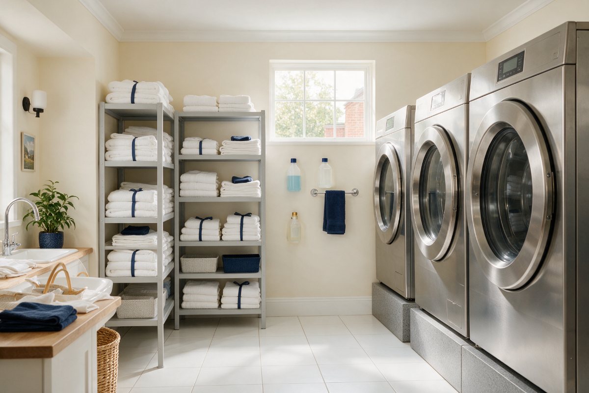 Commercial laundry with stainless washers and dryers and folded linens