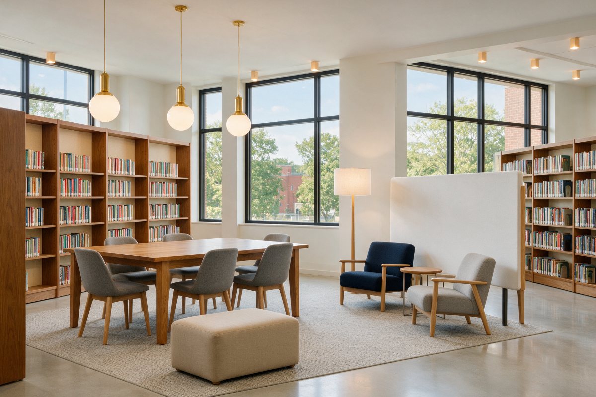 School library with wooden bookshelves, reading tables and lounge seating