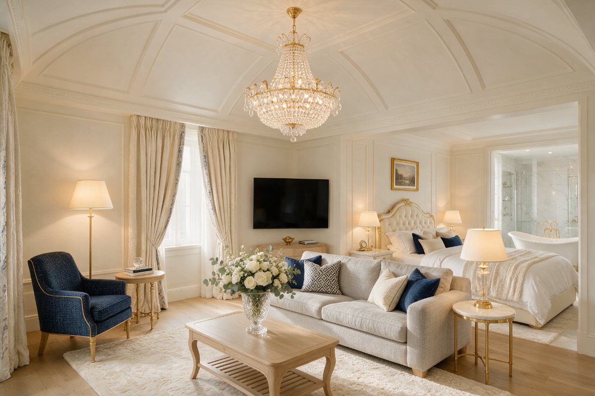 Crystal chandelier, floor lamps and bedside lamps in a hotel suite