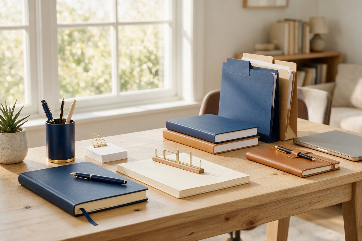 Office desk with stationery, notebooks, pens, files and a laptop