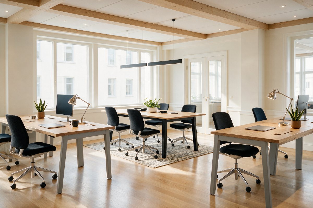 Open-plan office with workstations, ergonomic task chairs and a meeting table