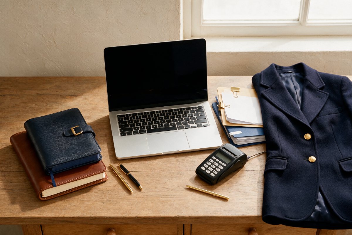 Office supplies, laptop, card payment terminal and a uniform blazer on a desk