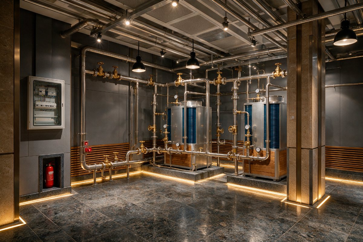 Hotel engineering plant room with HVAC units, pipework and fire extinguisher