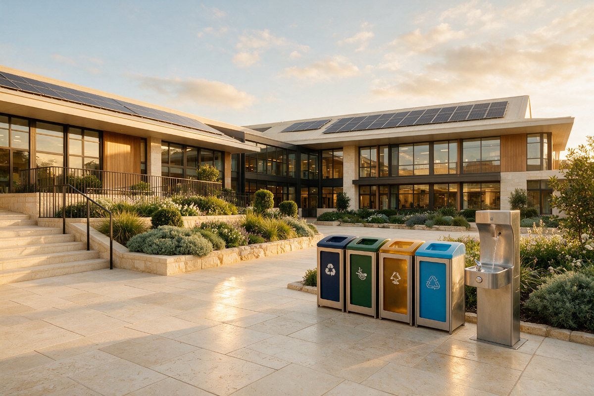 School courtyard with recycling stations, water refill fountain and solar panels