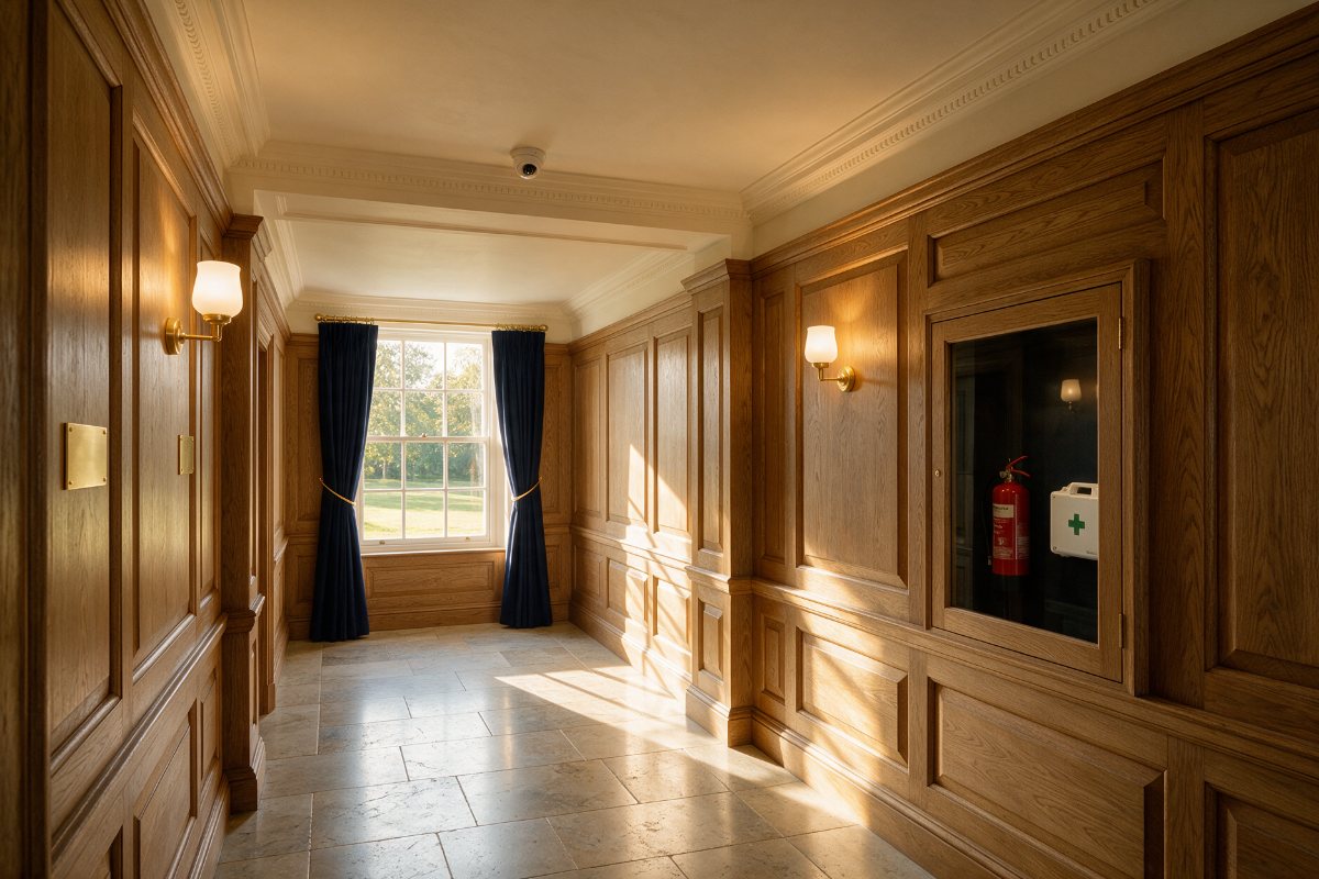 School hallway with security camera, fire extinguisher and first-aid kit