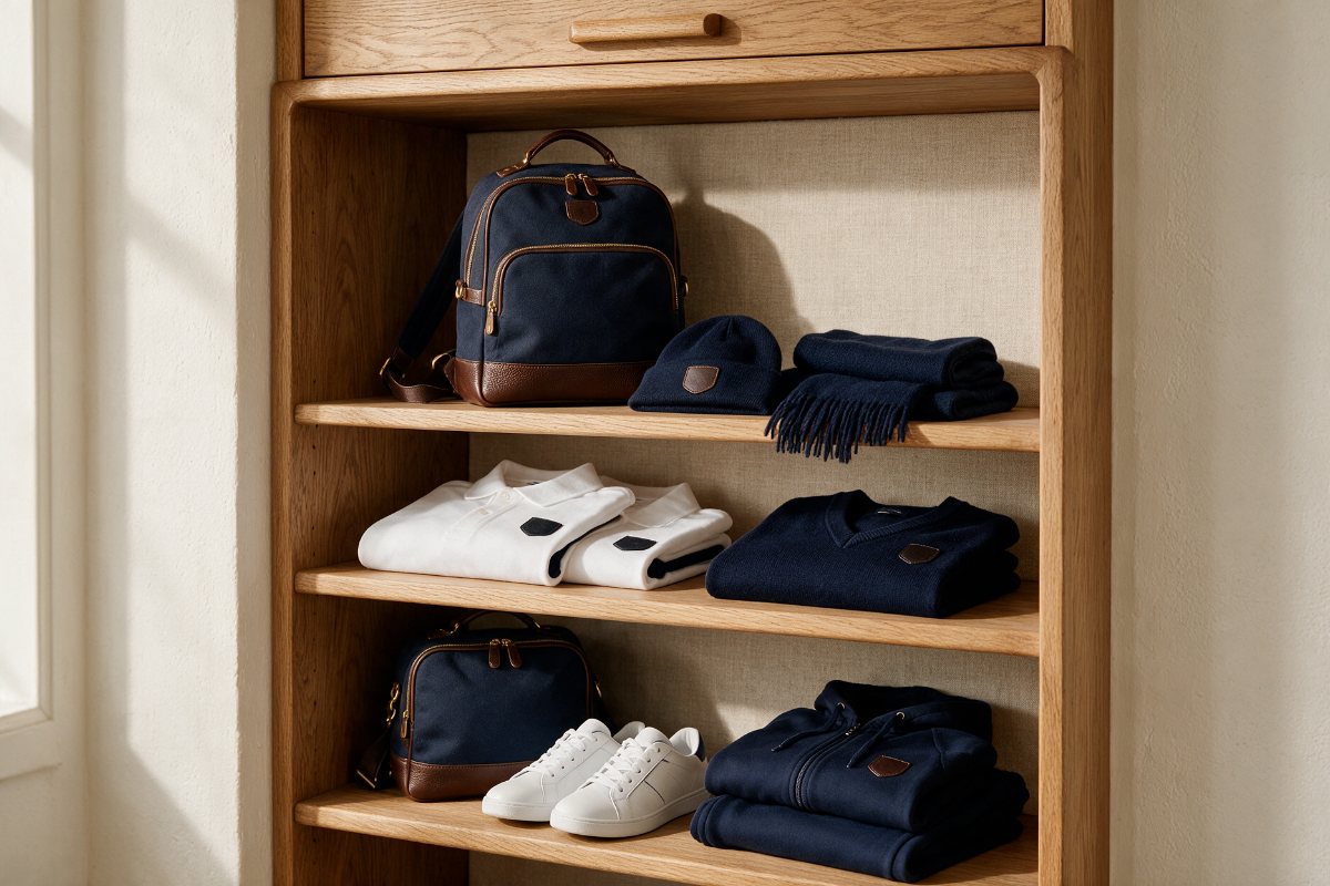 School staff apparel, sports kit, backpacks and sports shoes on shelves
