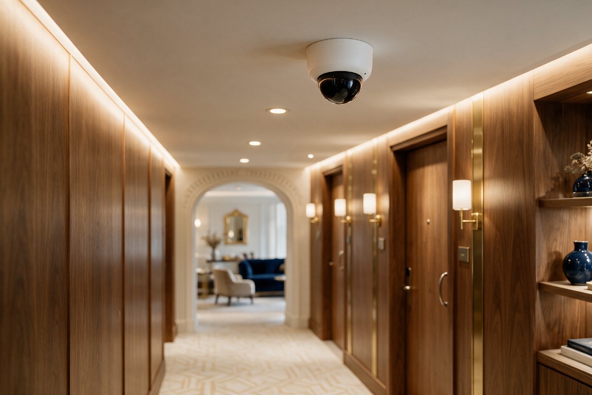 Hotel corridor with a ceiling-mounted dome CCTV security camera