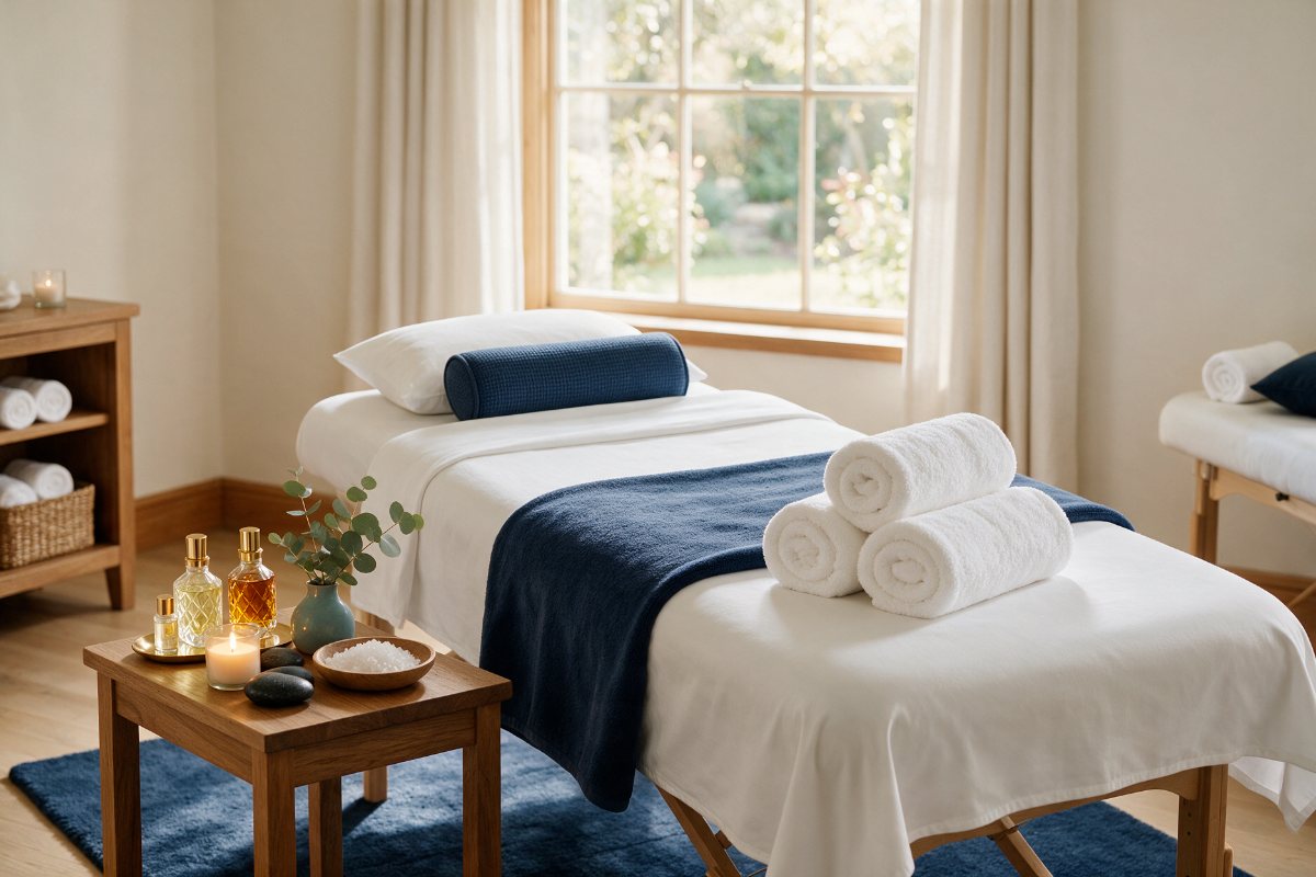 Spa treatment room with massage table, towels, aromatherapy oils and candles