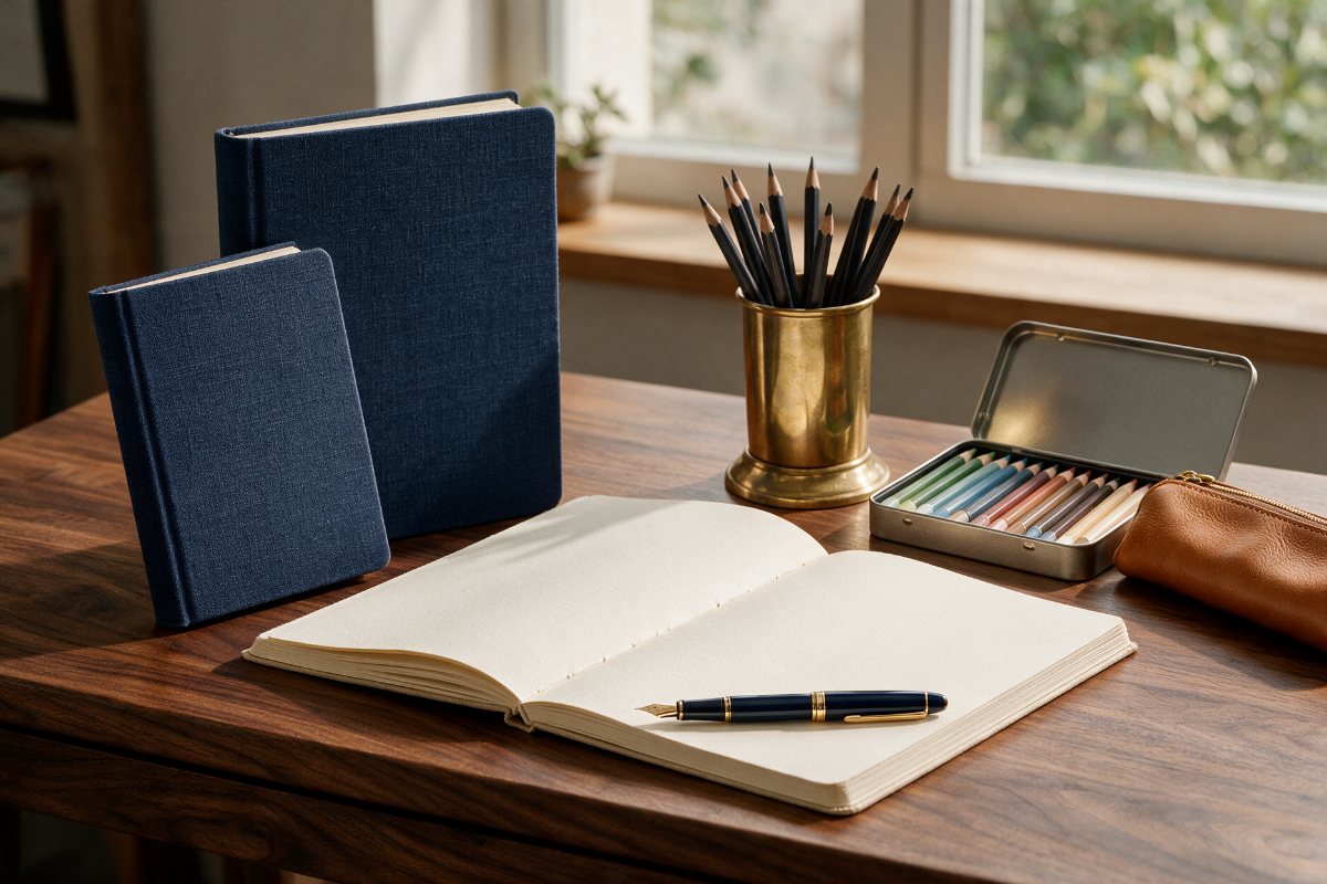 Premium stationery with notebooks, pencils, fountain pen and color pencils
