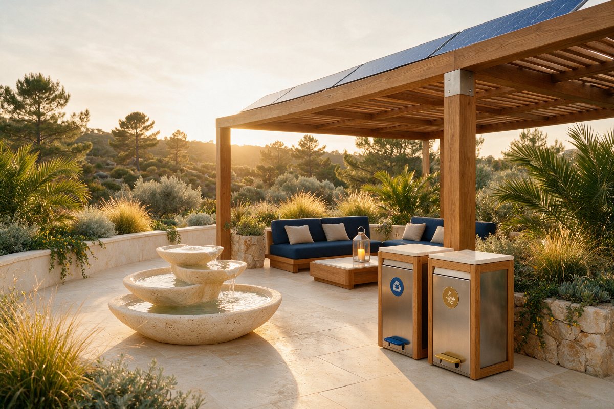 Eco resort terrace with solar pergola, recycling stations and water fountain