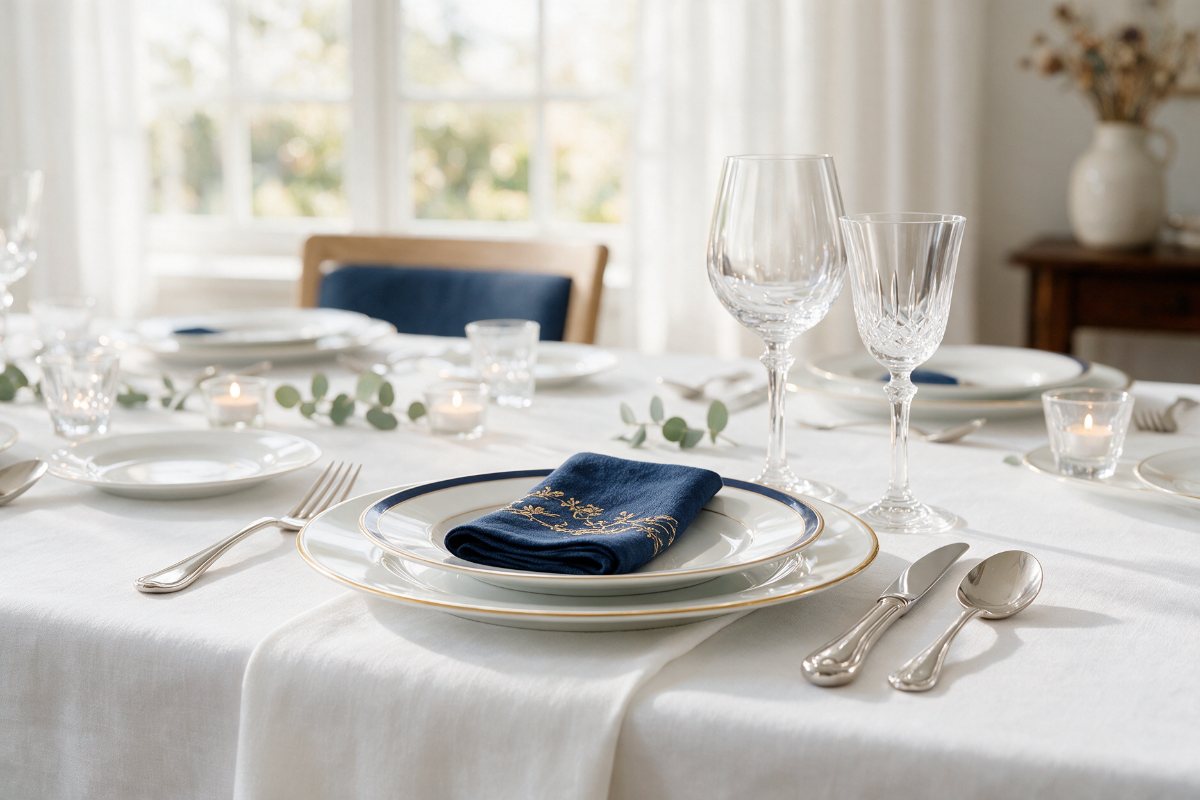 White porcelain plates, cutlery and crystal wine glasses on a linen table