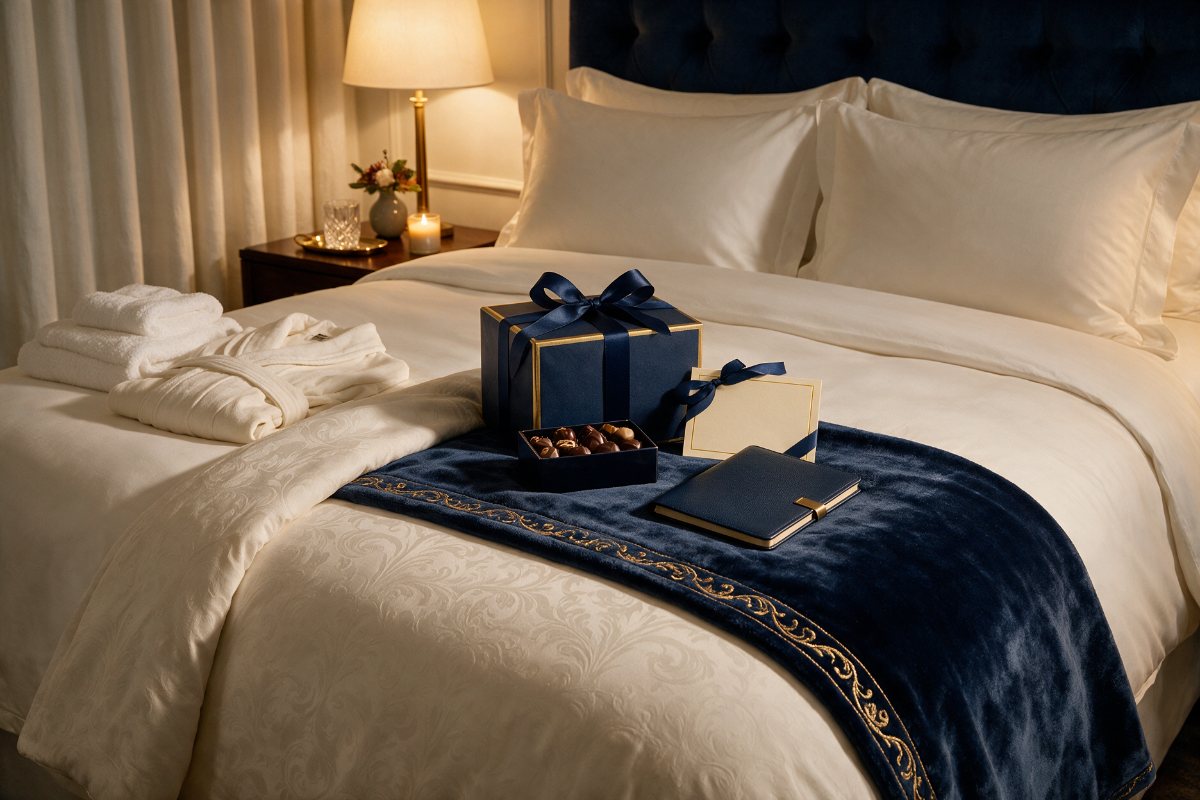 Hotel turndown gift with chocolates and welcome box on a luxury bed