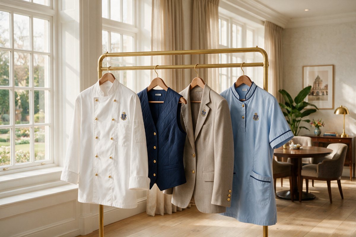Hospitality staff uniforms: chef coat, server vest, front desk blazer and housekeeping tunic