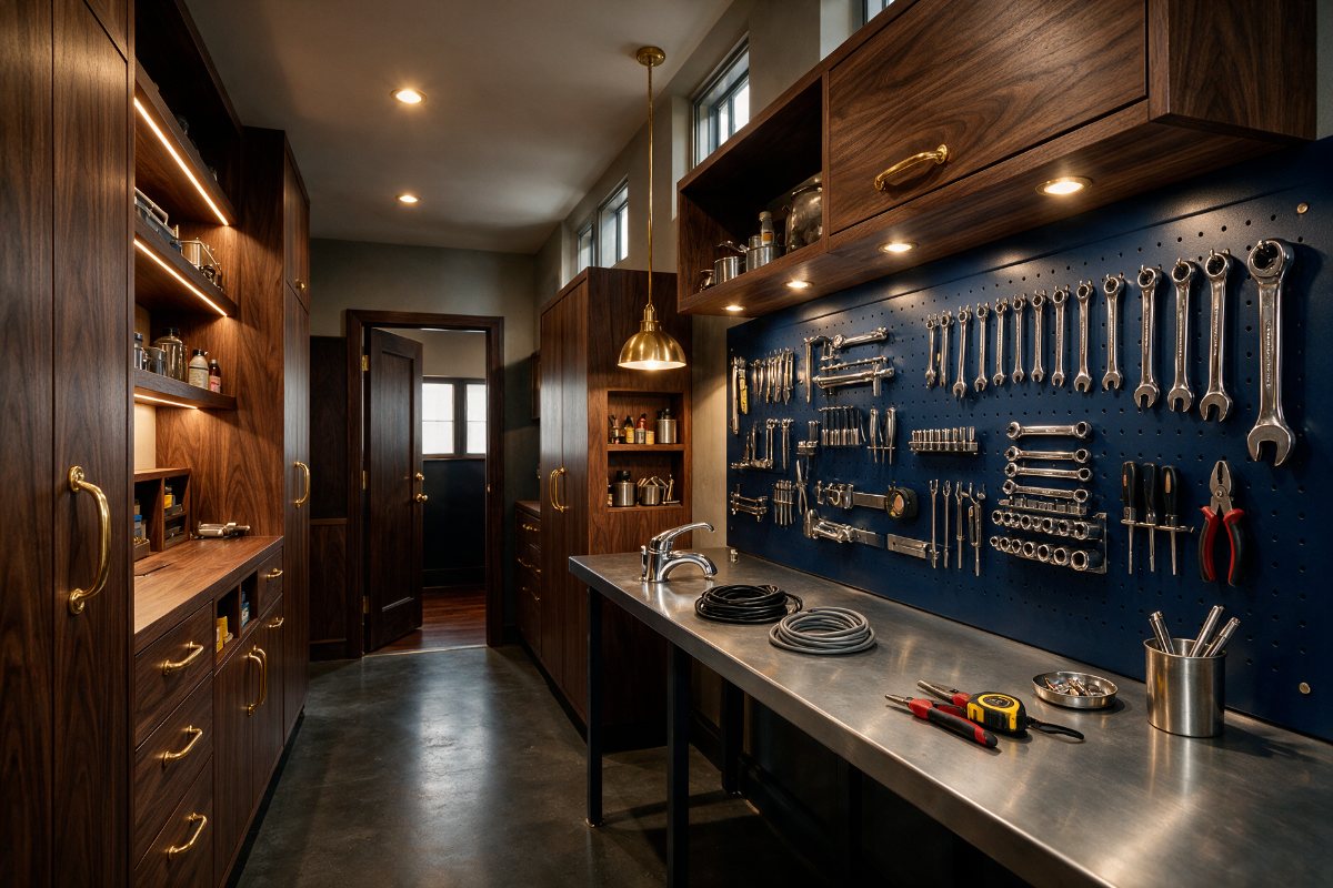 Facilities workshop with tool wall, workbench and spare washroom fittings